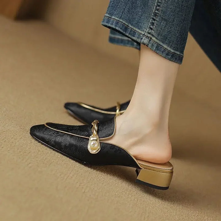 Audrey Floral Embossed Square Toe Sandals