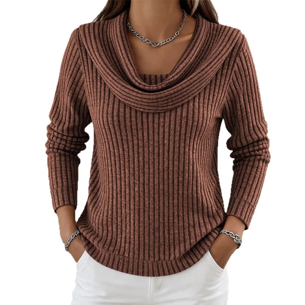 Rust brown ribbed knit top with cowl neckline, close view