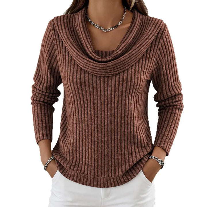 Rust brown ribbed knit top with cowl neckline, close view