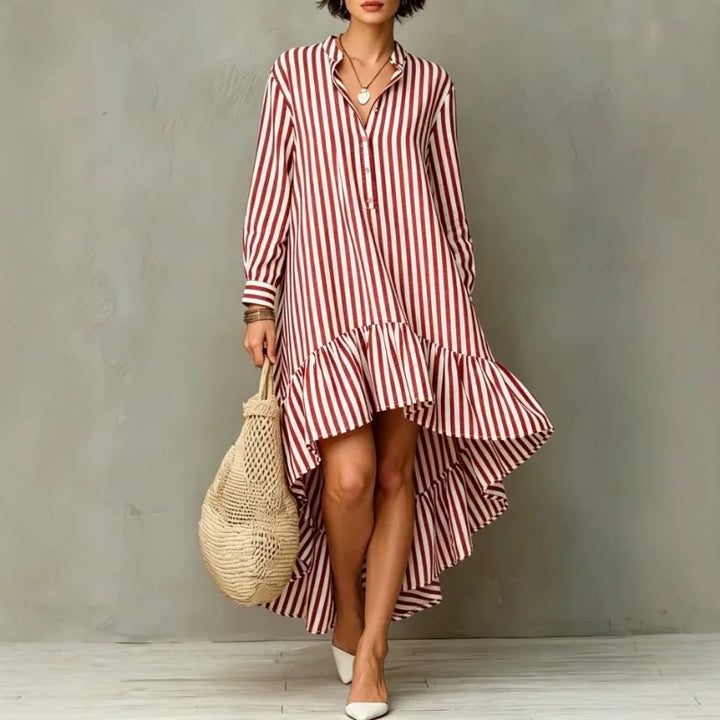 Red and white striped high-low midi dress with stand collar, front view