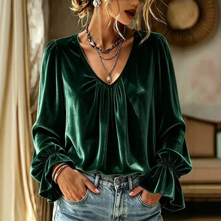 Dark green velvet blouse with pleated V-neck front