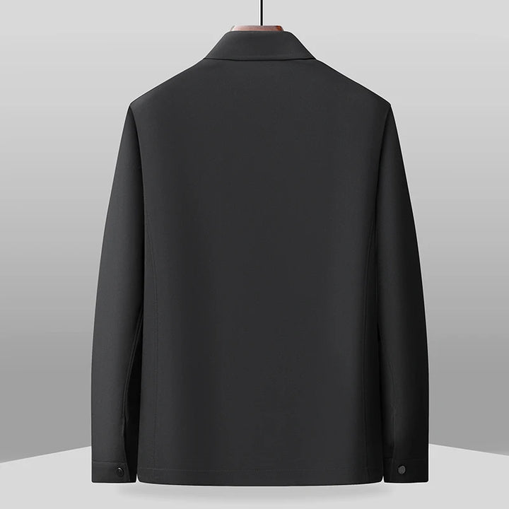 Black zip-front jacket, back view