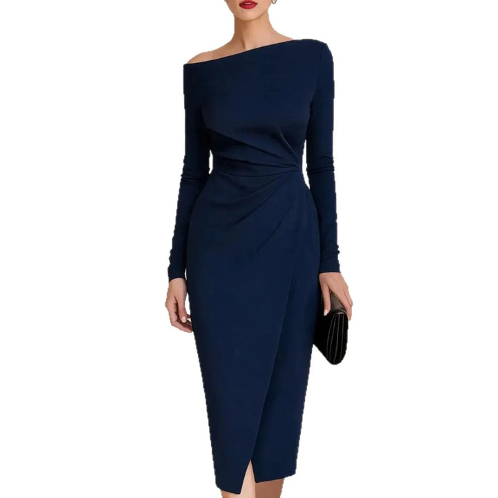 Dark blue off shoulder twisted waist midi dress on white background