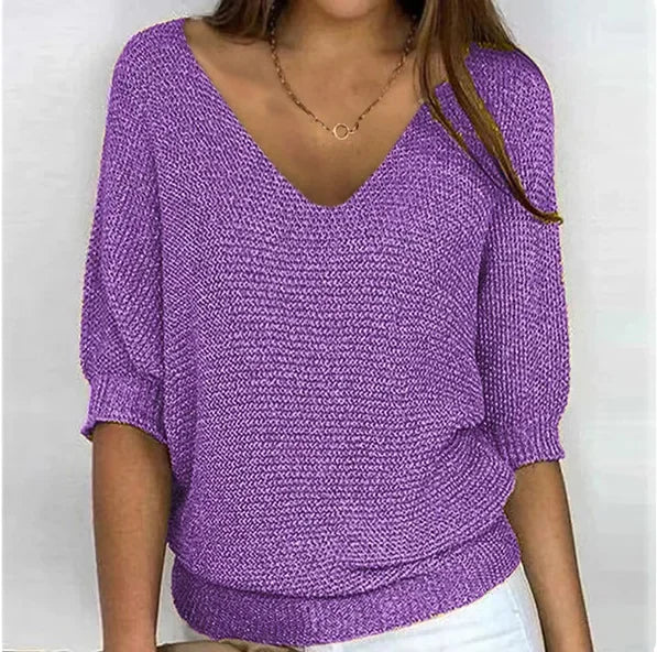 Purple V-neck knit sweater with three-quarter sleeves
