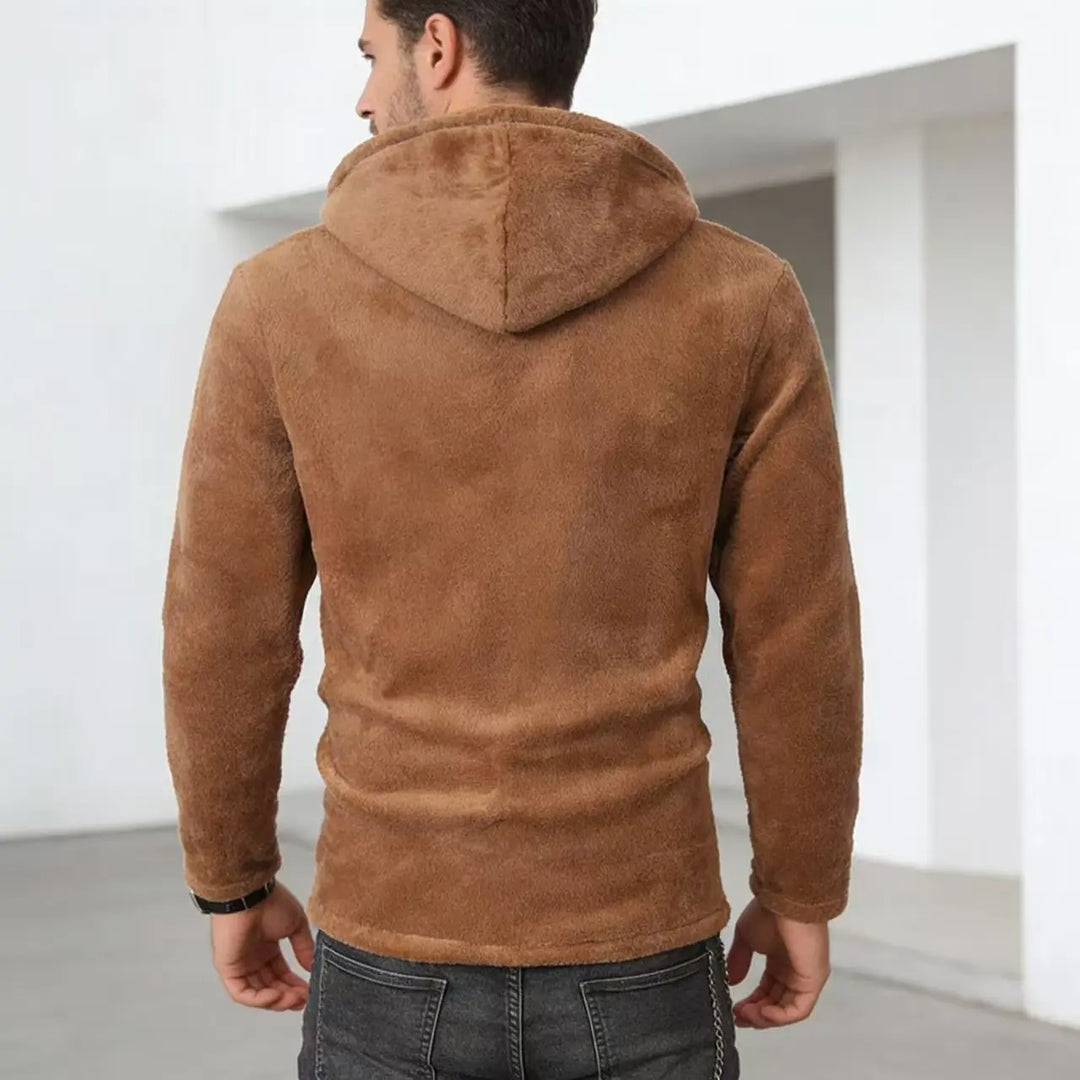 Back view of brown brushed fleece hooded jacket