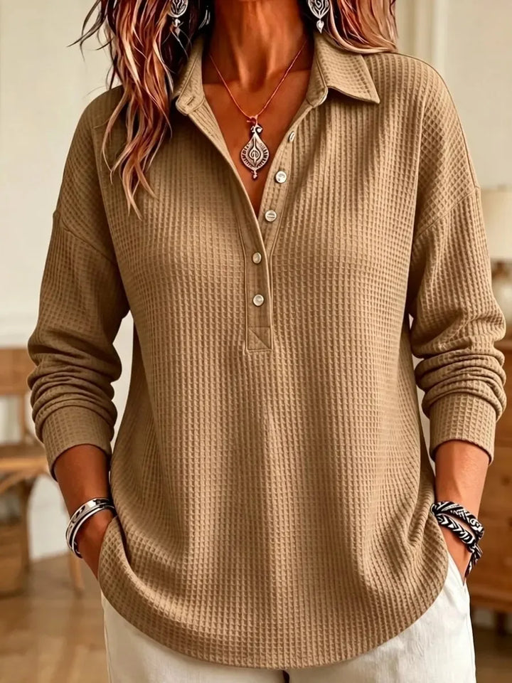 Khaki waffle knit polo shirt, front view