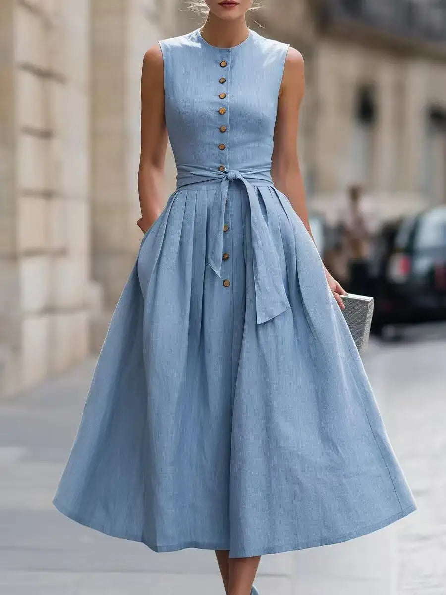 Eloria Elegant Tie Waist Linen Midi Dress