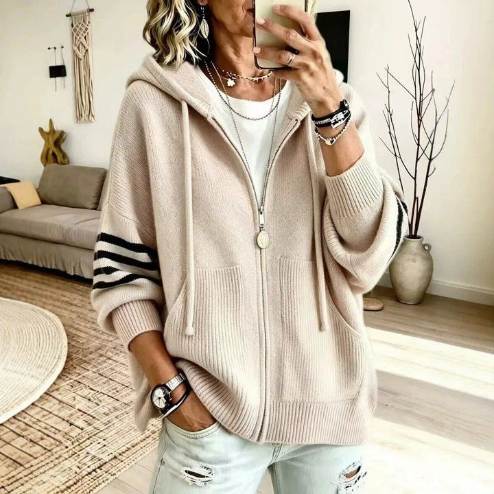 Apricot zip-up knit hoodie with striped sleeve panel