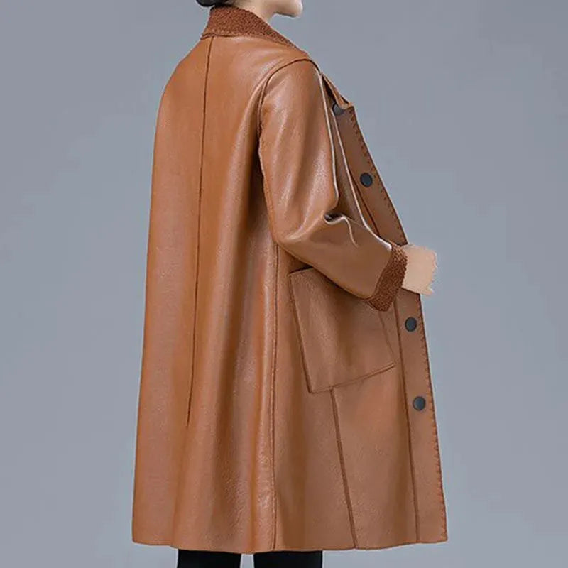 Khaki faux leather jacket with shearling cuffs, back view
