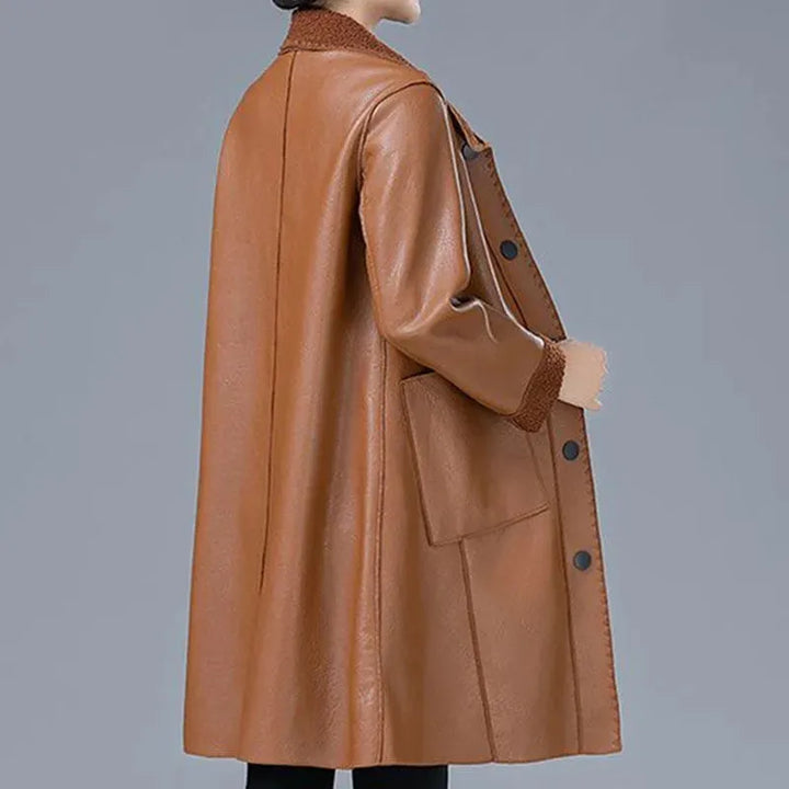 Khaki faux leather jacket with shearling cuffs, back view