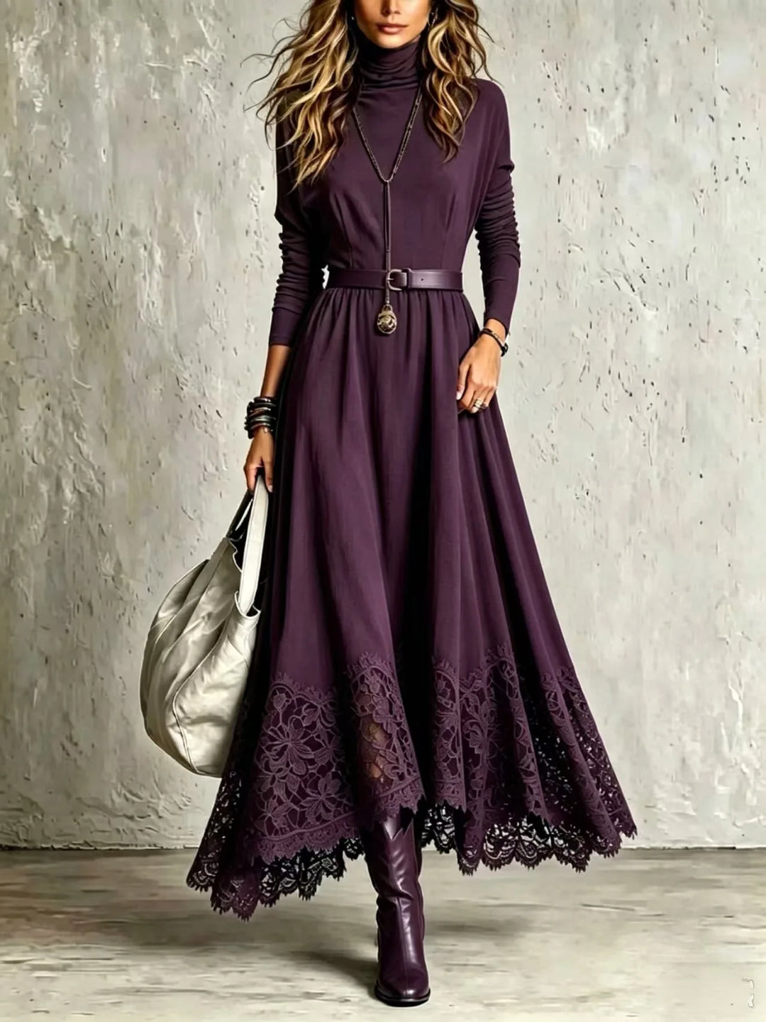 Woman wearing purple turtleneck maxi dress with lace hem