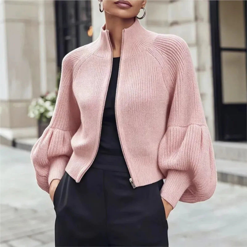 Pink ribbed knit cardigan with lantern sleeves, front view