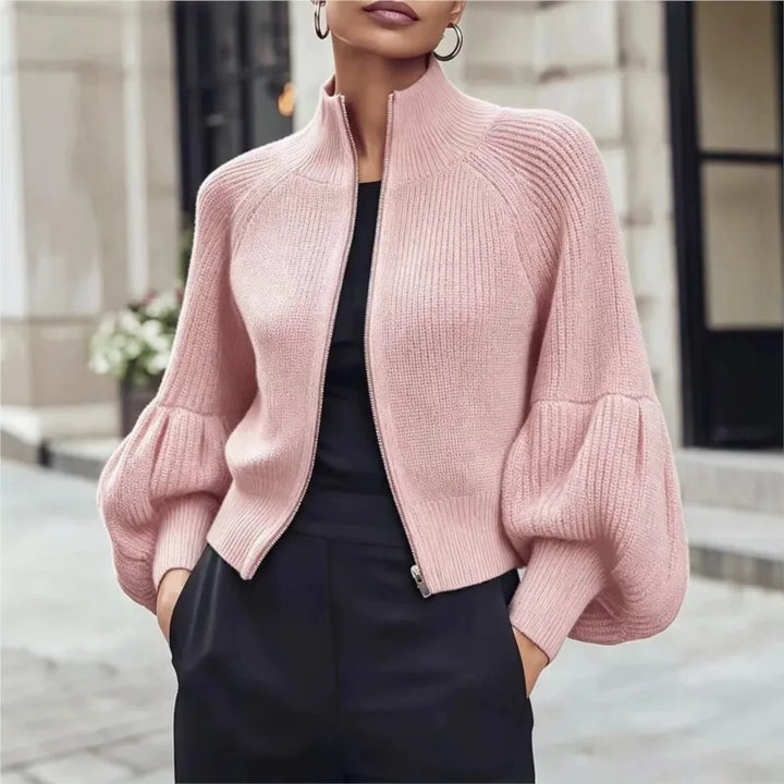 Pink ribbed knit cardigan with lantern sleeves, front view
