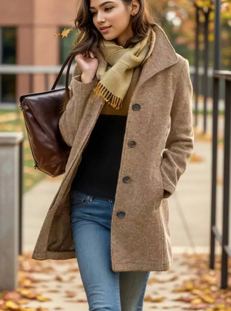 Woman wearing khaki wool coat with leather bag