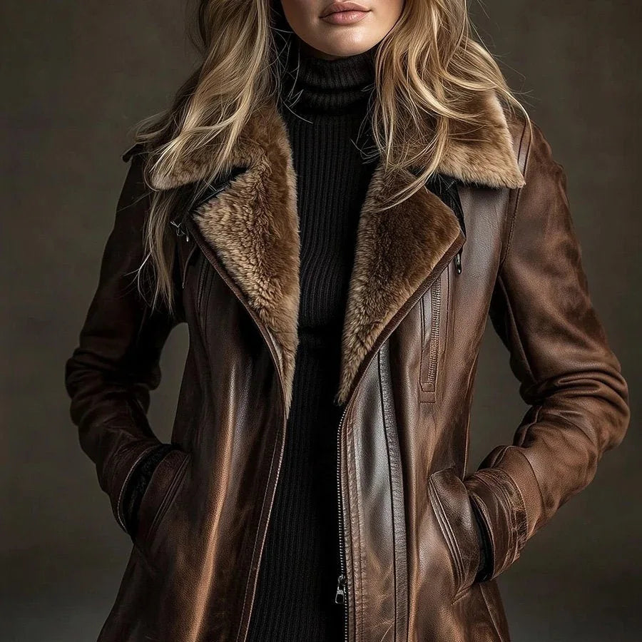 Close up of brown faux leather jacket fur collar and zipper detail