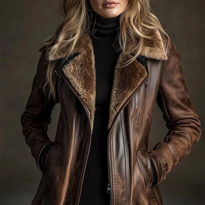 Close up of brown faux leather jacket fur collar and zipper detail
