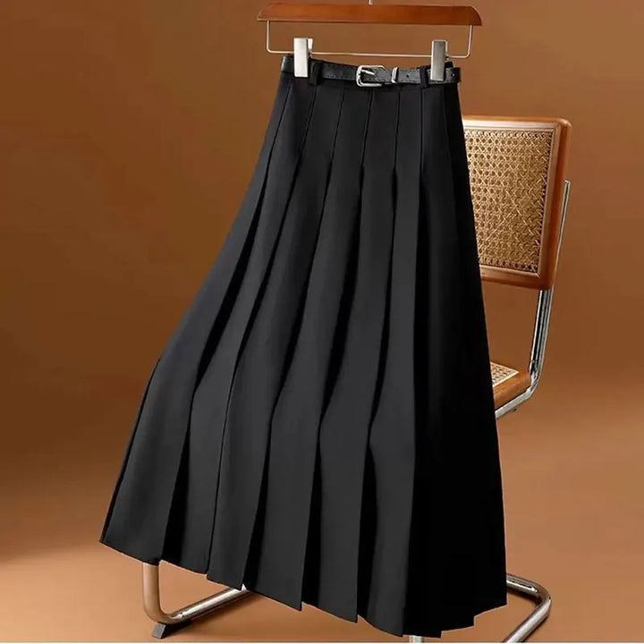 Black pleated A-line midi skirt with belt, front view on hanger