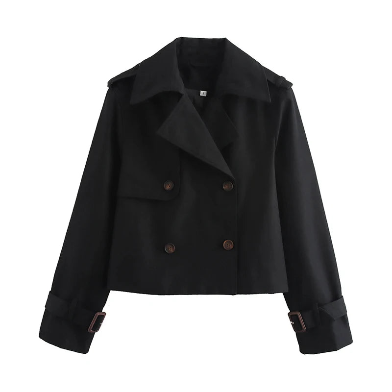 Black cropped trench coat, front view