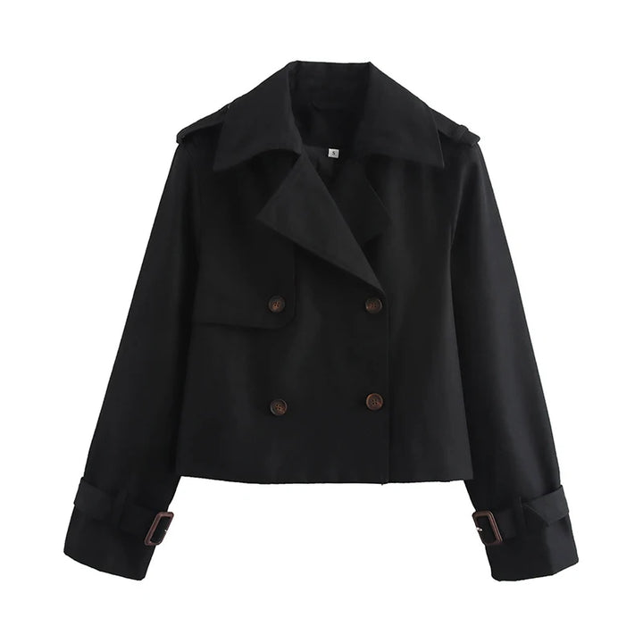 Black cropped trench coat, front view