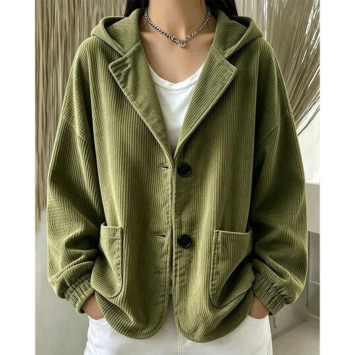 Army green hooded corduroy jacket with buttons