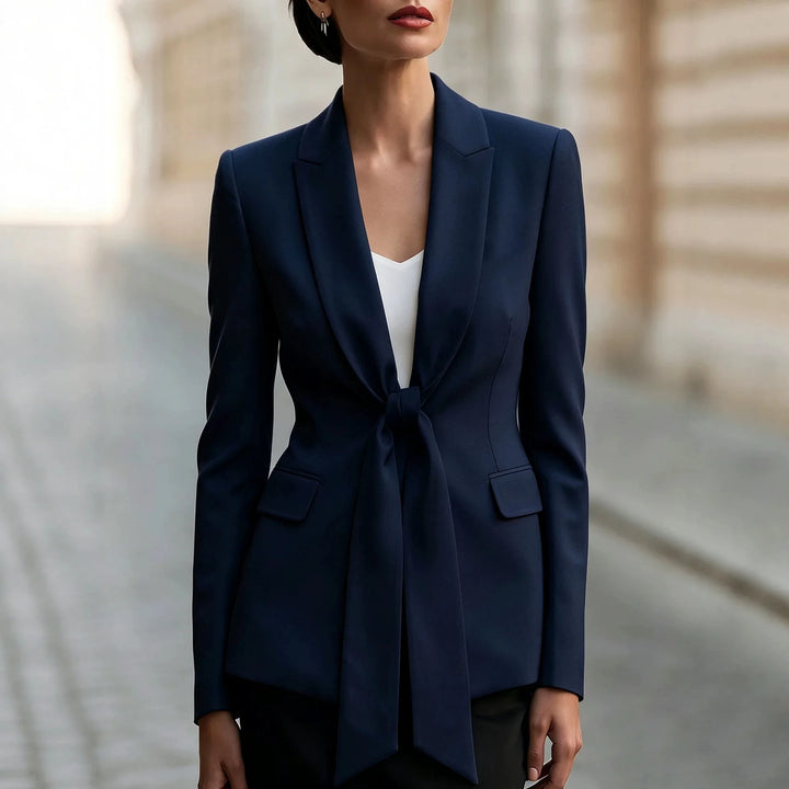 Navy blue blazer with tie front closure and shawl collar
