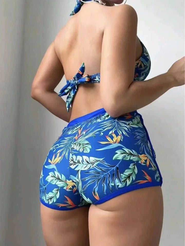 Camellia Floral Halter Bikini High Waist Set