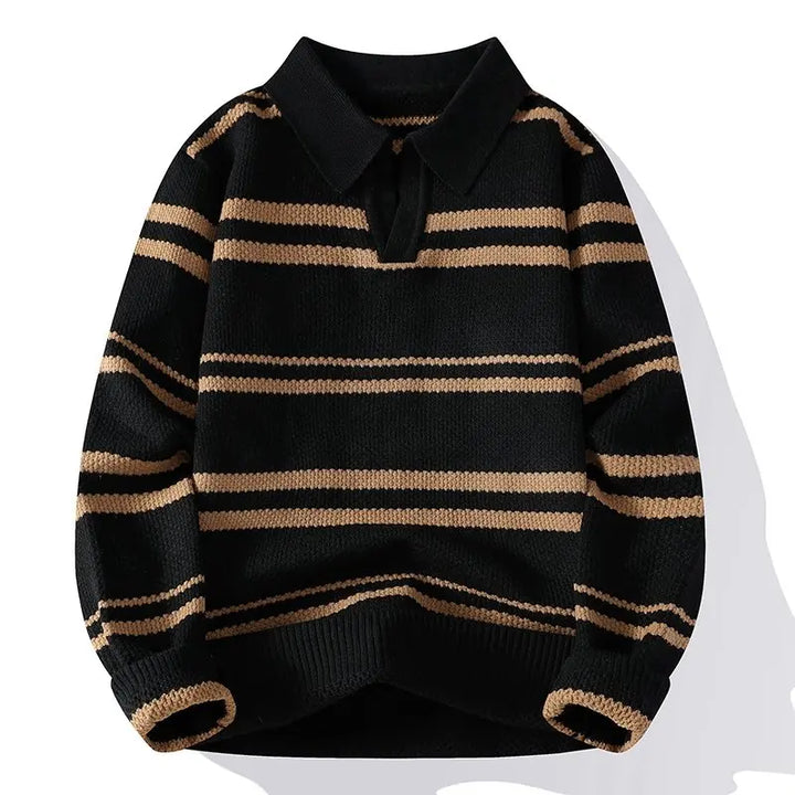 Black and camel striped knit polo sweater front view