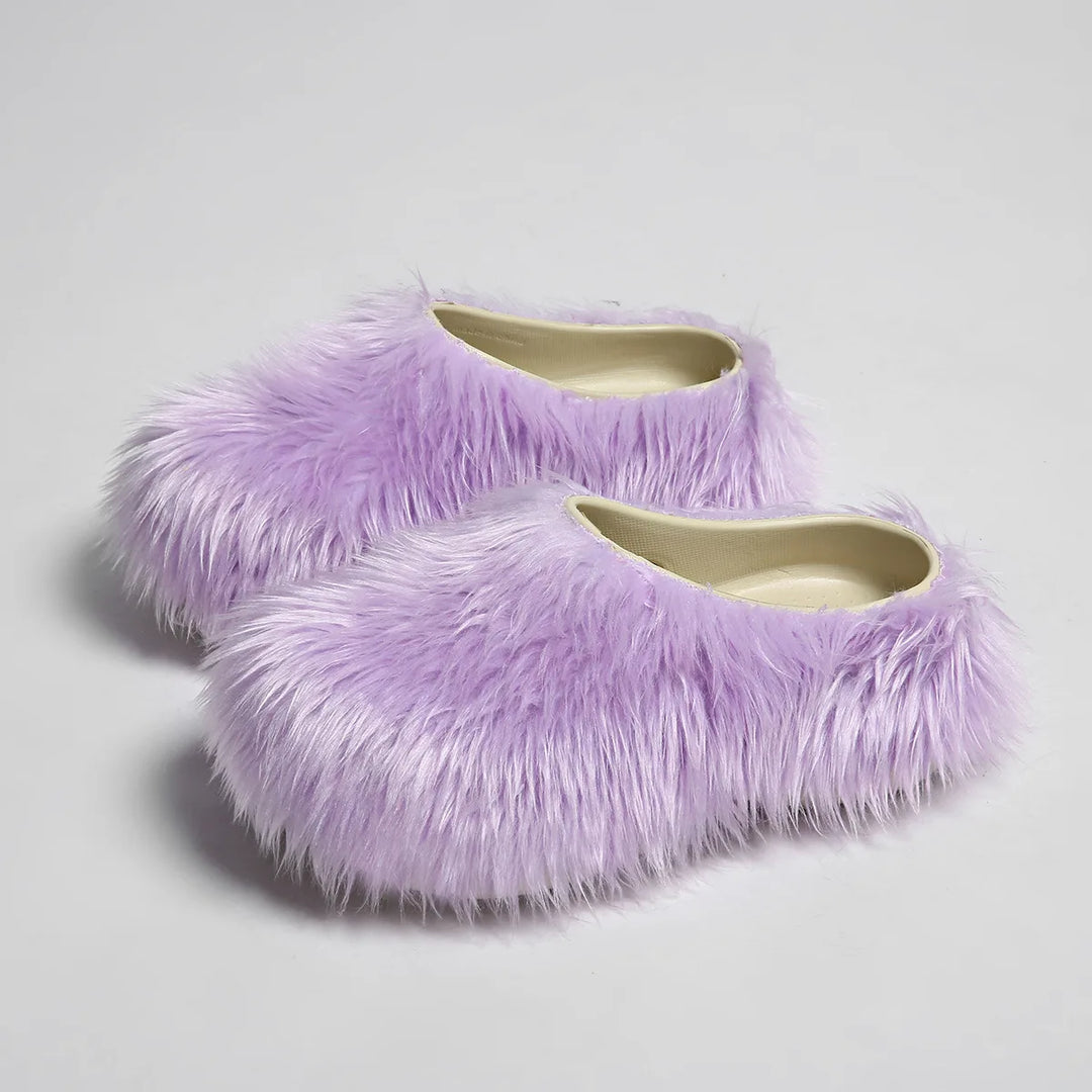 Lilac purple faux fur slipper mules, angled view