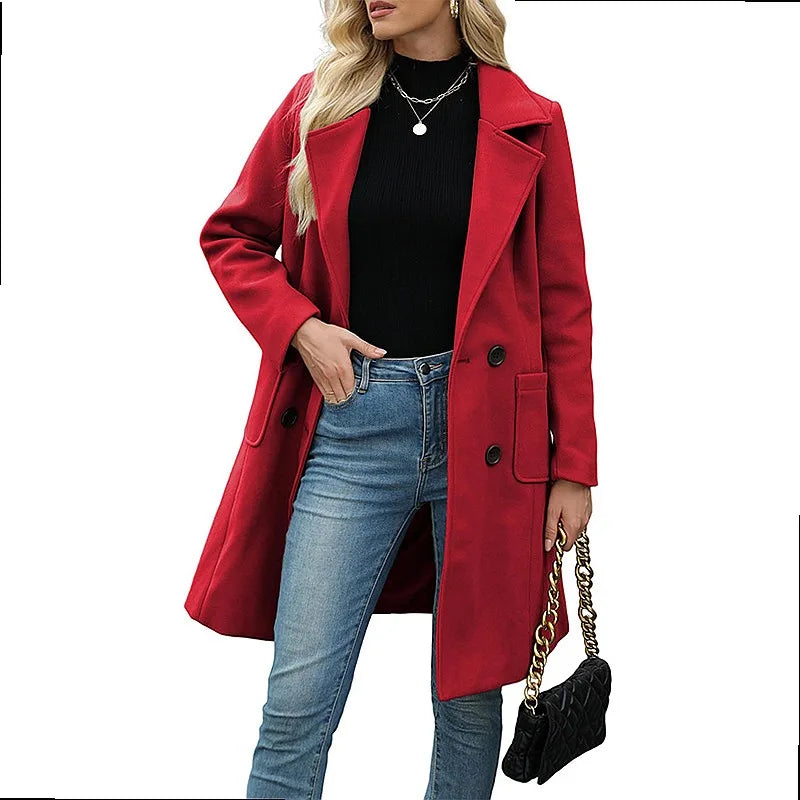 Woman wearing red double breasted wool coat