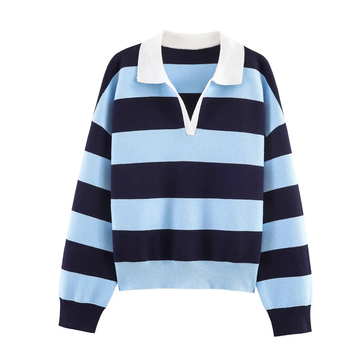 Navy and light blue striped polo sweater with white collar, front view