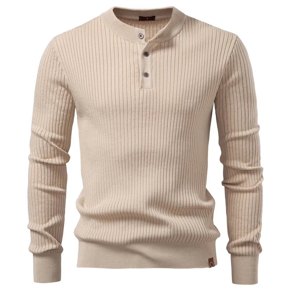 Apricot ribbed knit henley shirt front view