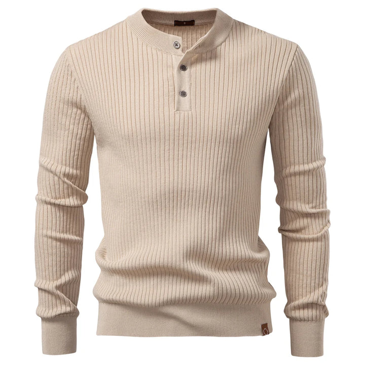 Apricot ribbed knit henley shirt front view