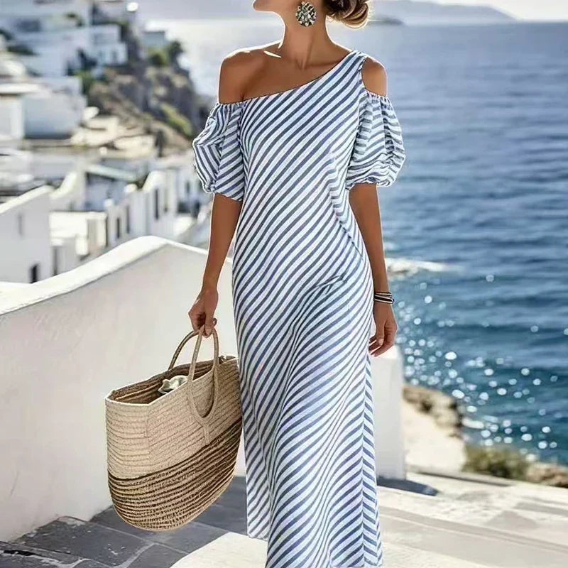 Amara Bohemian Striped One Shoulder Maxi Dress