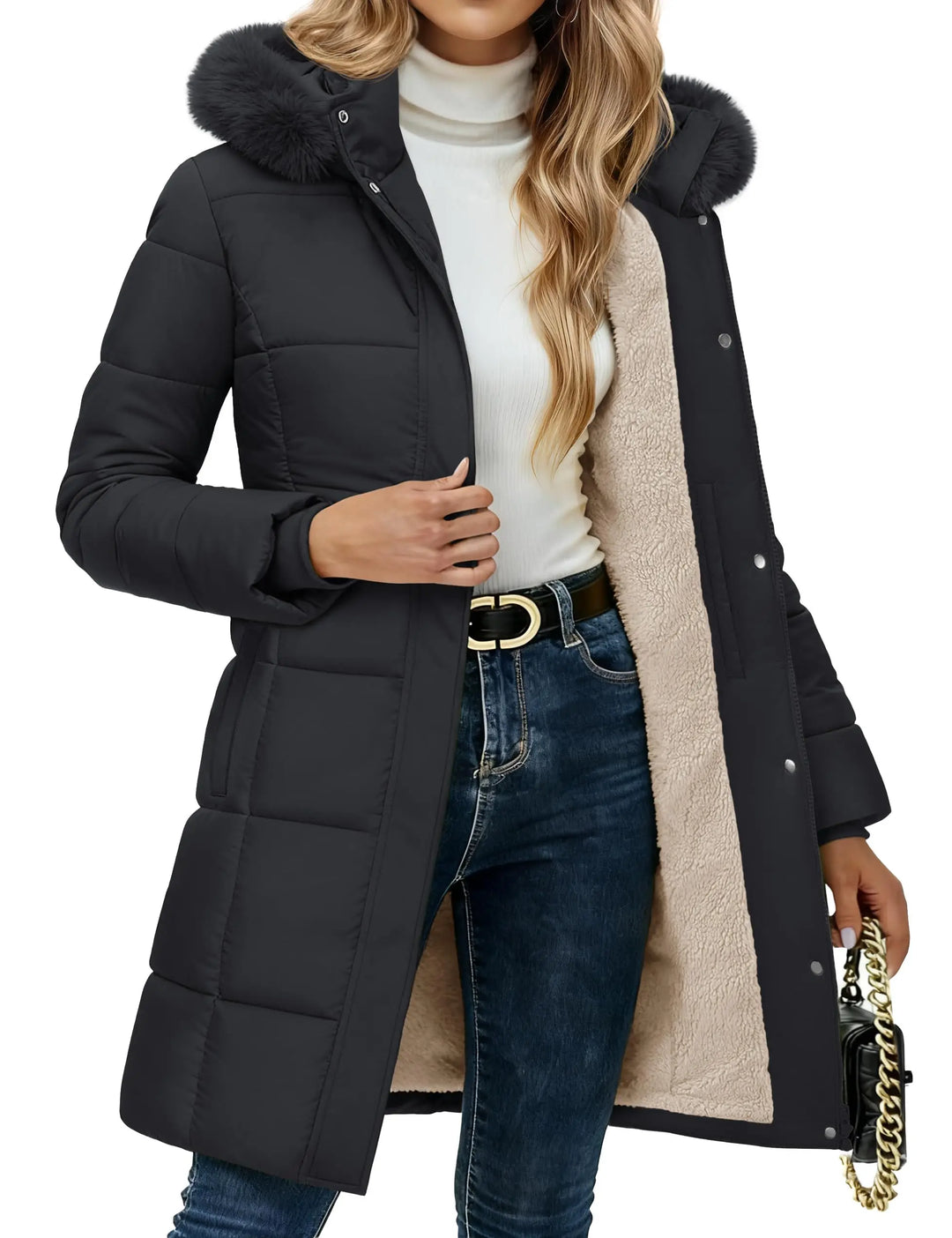 Black quilted puffer coat with faux fur hood, close up front view