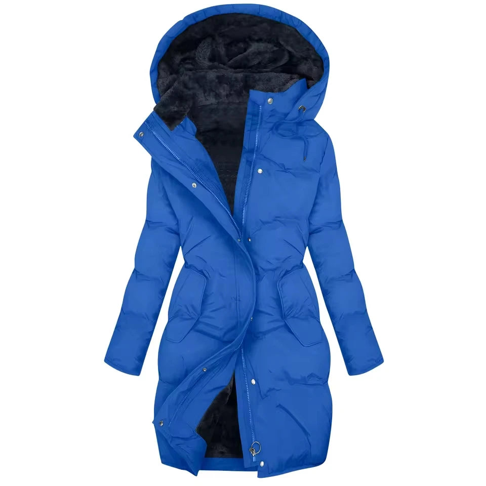 Blue quilted puffer coat with faux fur-lined hood