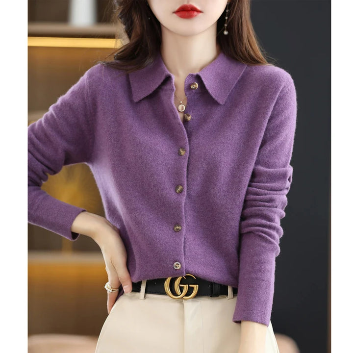 Purple knit cardigan with layered necklace