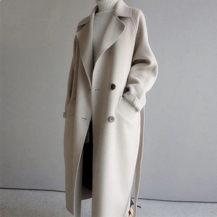 Creamy-white wool coat with belt, front view