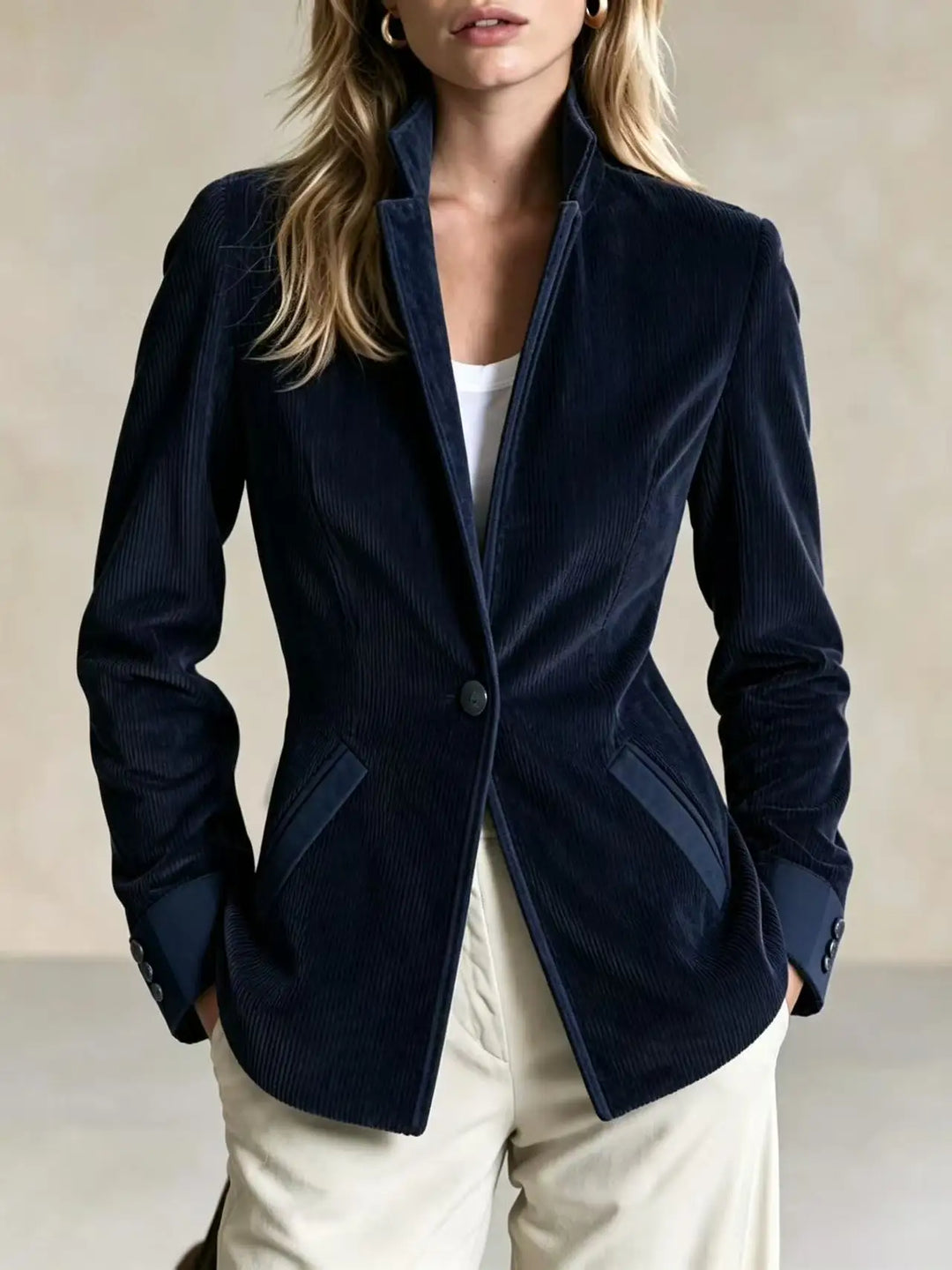 Woman wearing navy blue corduroy blazer with suede trim