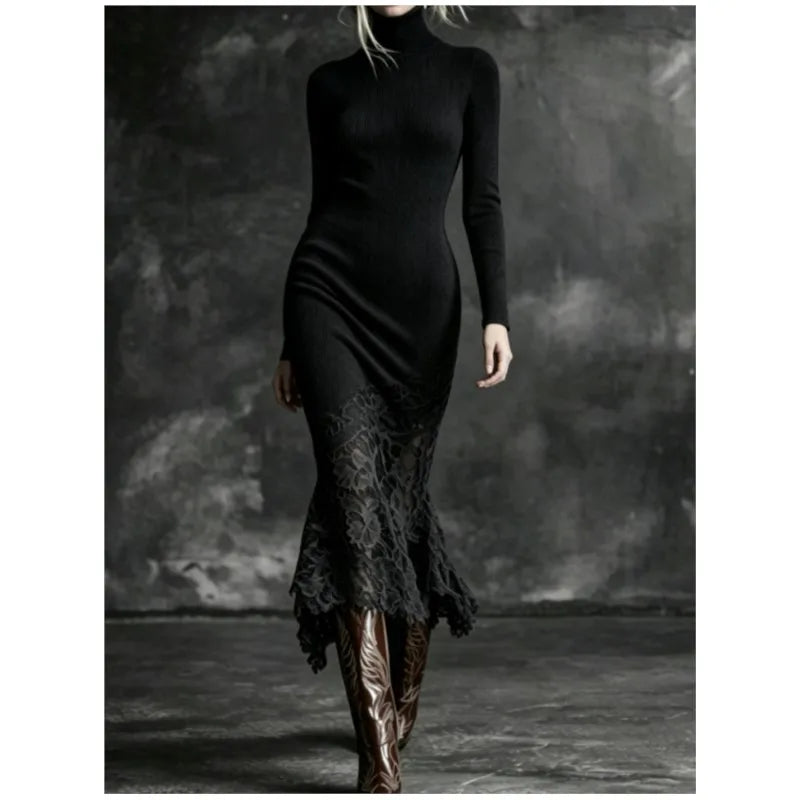 Black ribbed turtleneck sweater dress with lace mermaid hem, front view