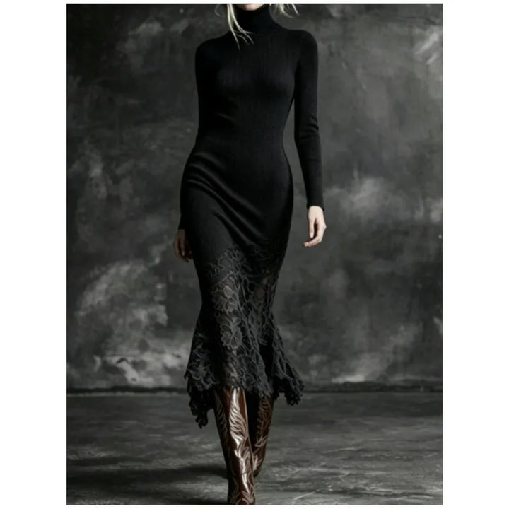 Black ribbed turtleneck sweater dress with lace mermaid hem, front view