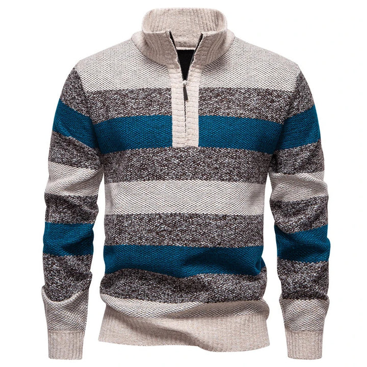 Beige blue brown striped quarter zip sweater, flat front view