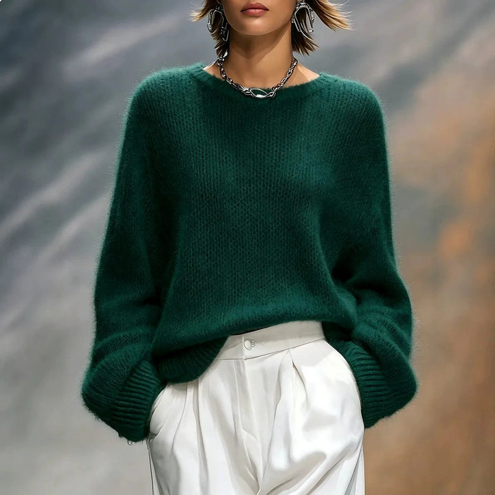 Dark green brushed knit pullover sweater front view