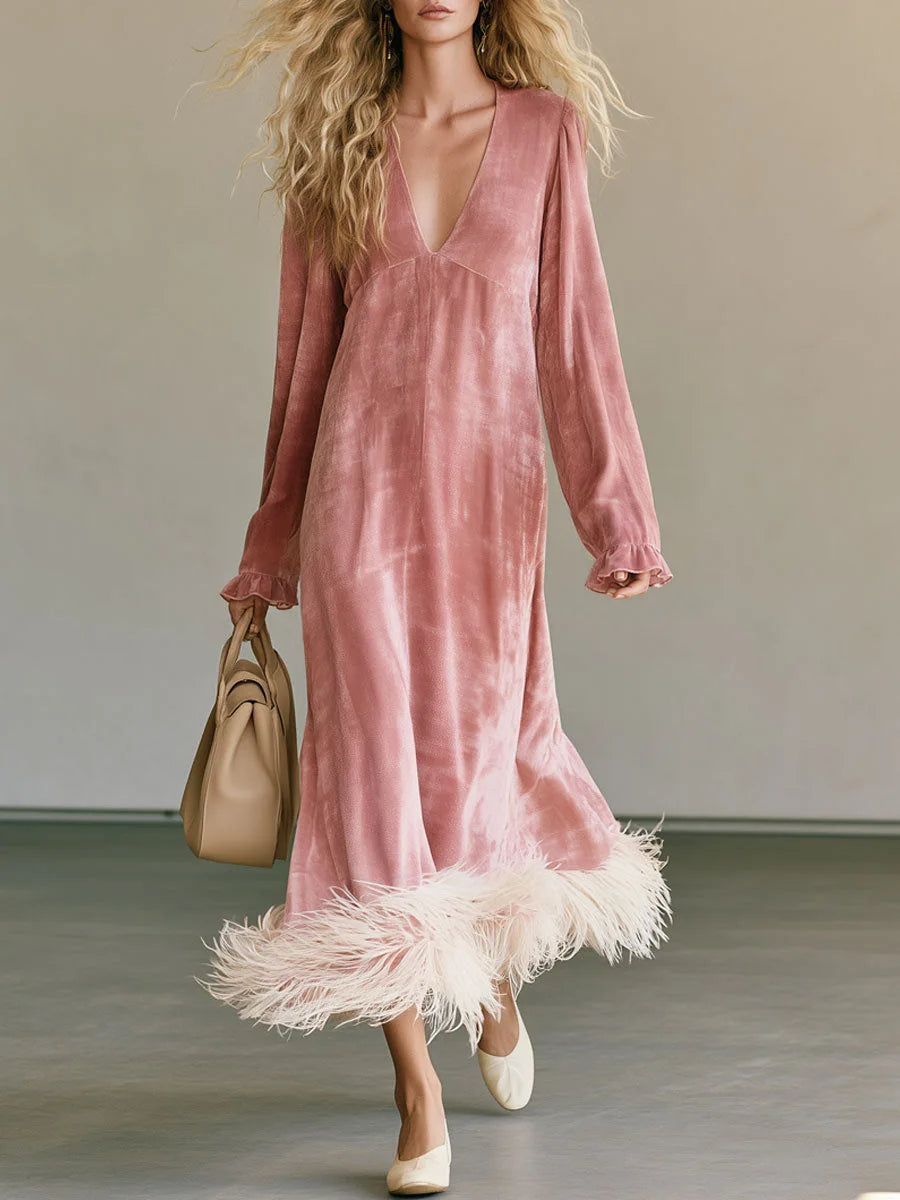 Pink velvet maxi dress with feather trim hem, front view
