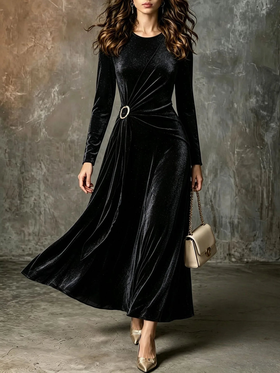 Black velvet maxi dress with ring buckle waist detail, front view