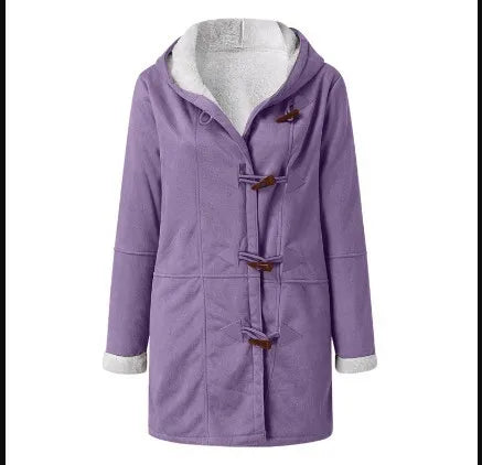 Purple duffle coat with toggle closures front view