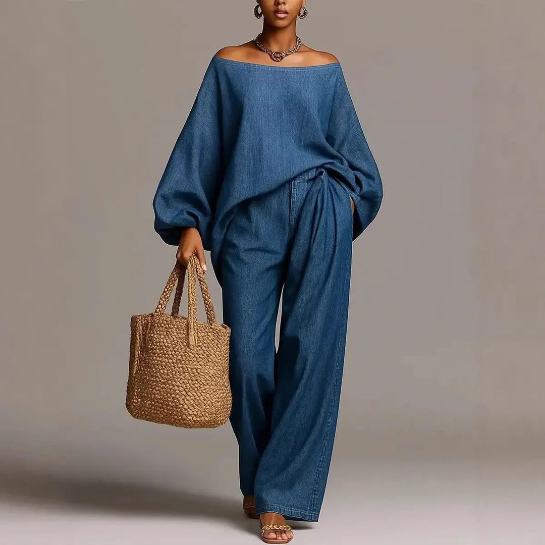 Woman wearing blue denim-look two piece off shoulder top and wide leg pants set, full front view
