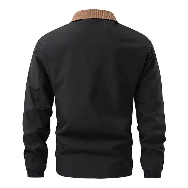 Black jacket back view with contrast collar
