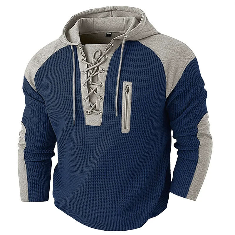 Navy waffle knit hoodie with lace-up placket and zip pocket