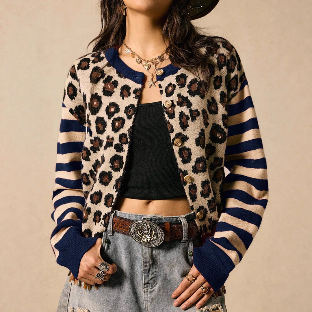 Close up front view of navy blue striped leopard print cardigan sweater