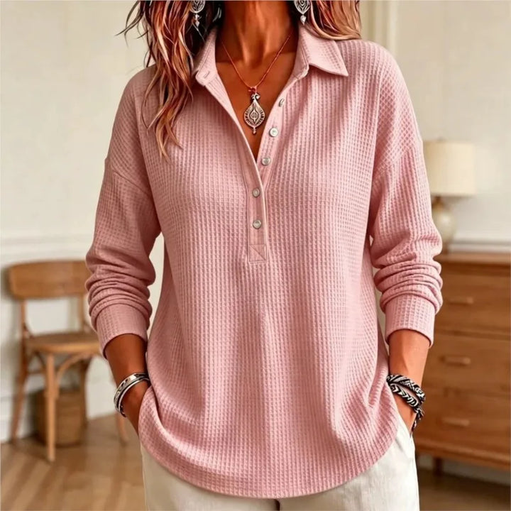 Pink waffle knit polo shirt, front view